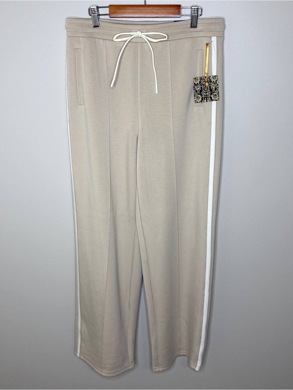 Beige Drawstring Track Pants with White Side Stripe Medium